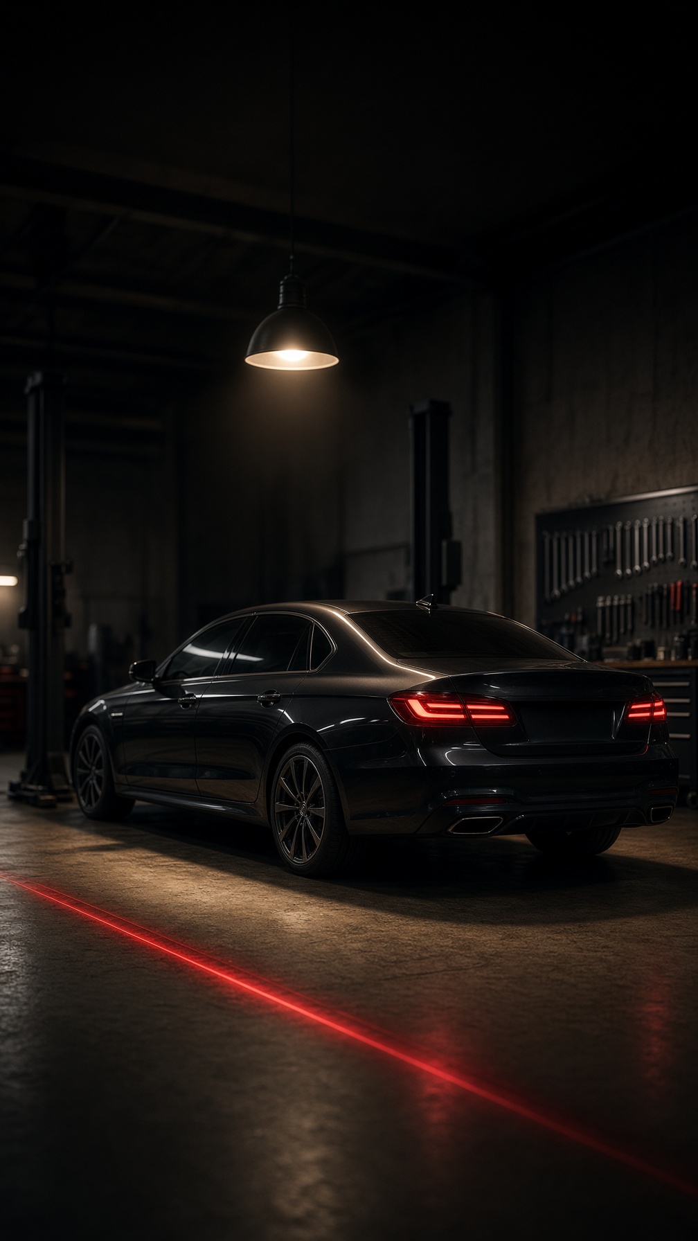 A dark sedan in the EDC Auto service bay